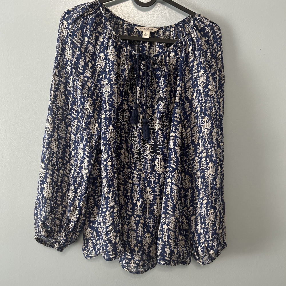 Lucky Brand Floral Blouse Top Women's Large Long Sleeve Boho Sheer Popover